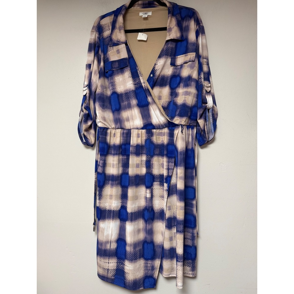 Cato Woman Plus Size‎ 18/20W Blue Tan Plaid Faux Wrap Dress Roll Tab Sleeve 8026